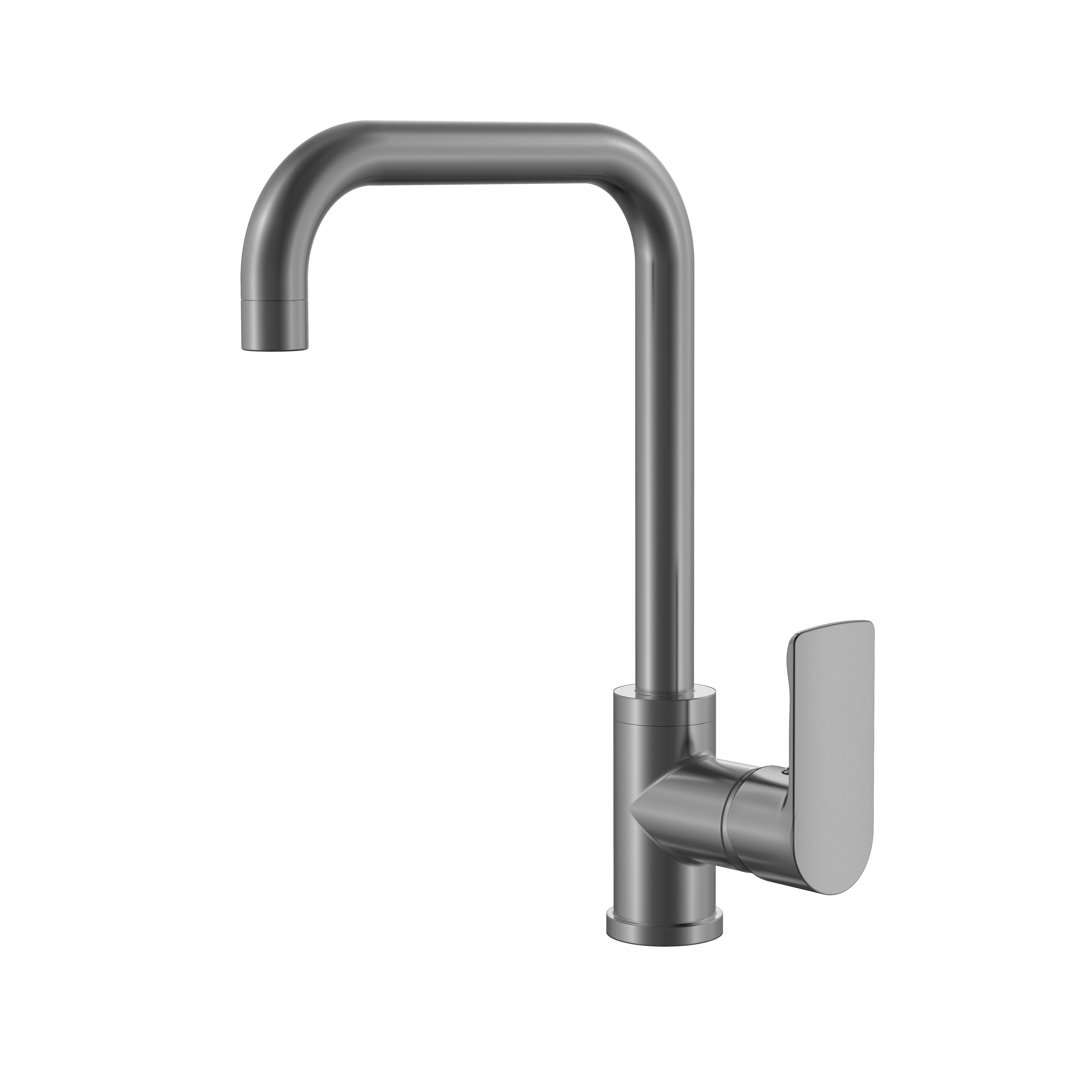Modern brushed nickel single-handle kitchen faucet with a high-arc spout on a white background.
