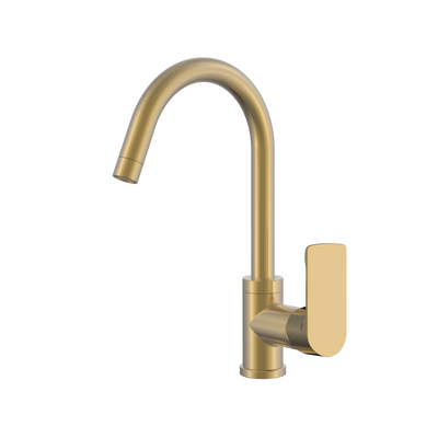 Modern brushed gold single-handle kitchen faucet with a high-arc spout and sleek minimalist design.