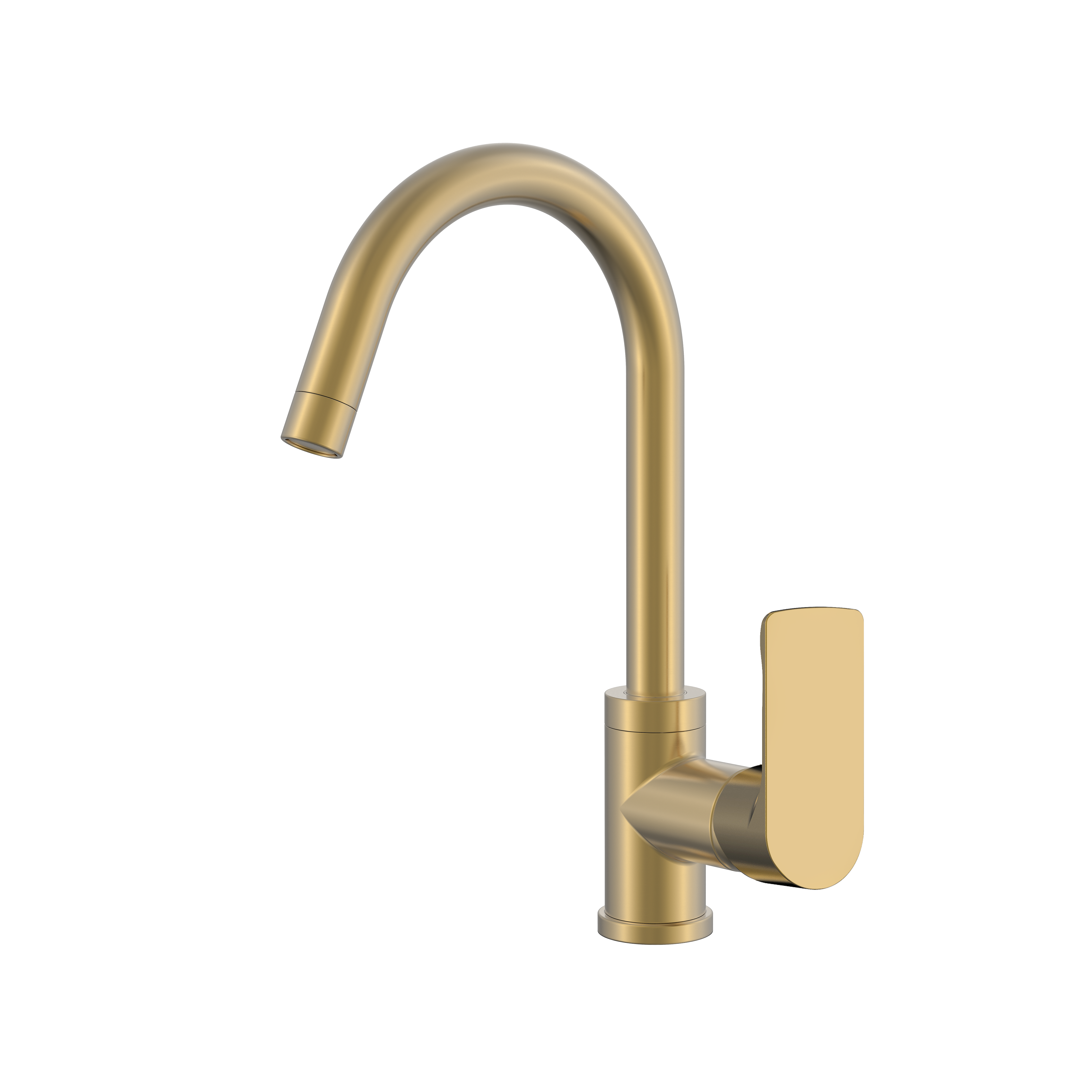 Modern brushed gold single-handle kitchen faucet with a high-arc spout and sleek minimalist design.