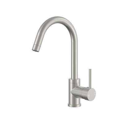Modern brushed nickel single-handle kitchen faucet with a high-arc gooseneck spout.