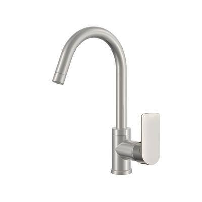 Modern brushed nickel gooseneck faucet with a single lever handle for kitchen or bathroom sinks.