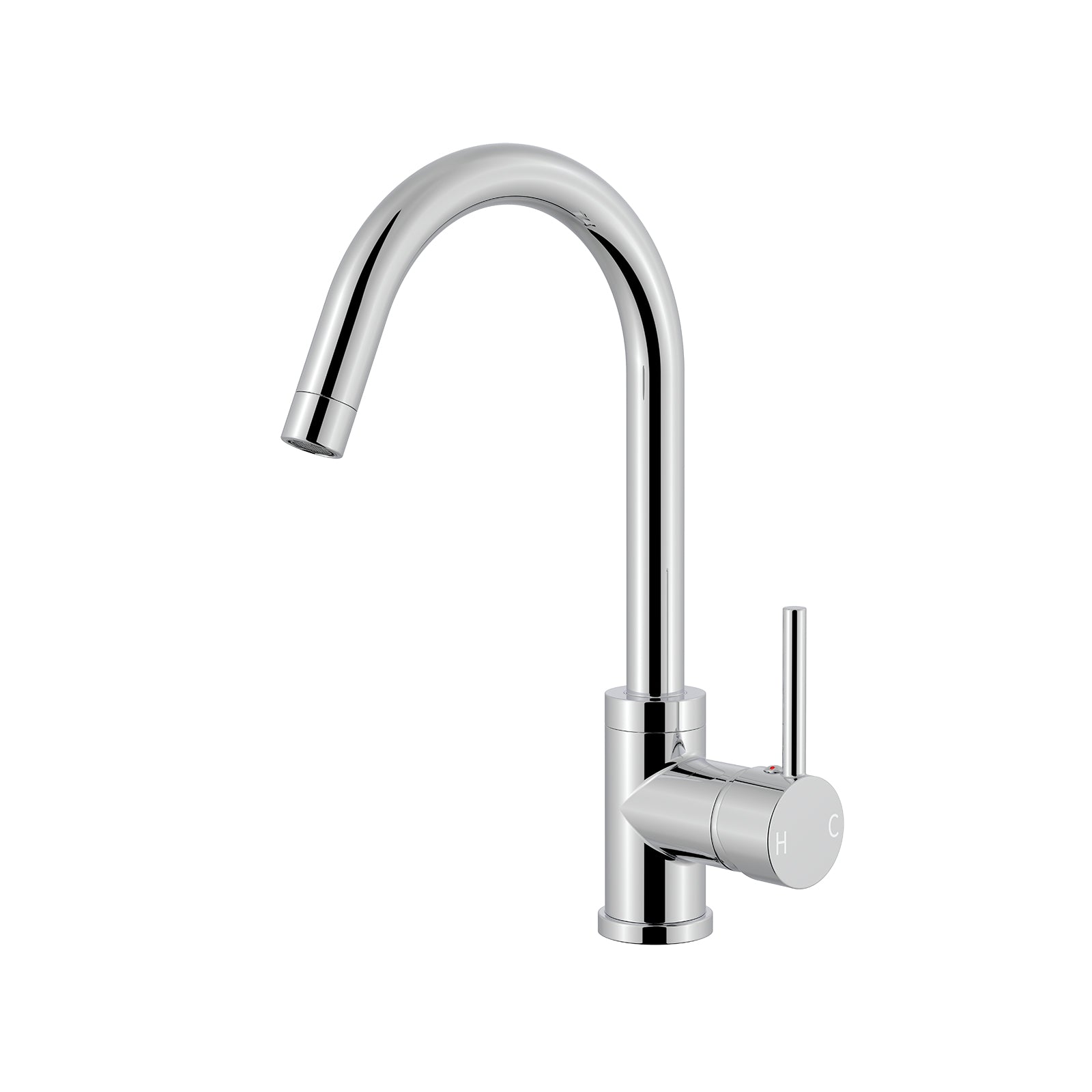 Polished chrome gooseneck kitchen faucet with a single lever handle and high-arc swivel spout.