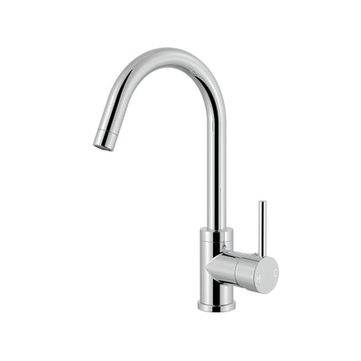 Polished chrome gooseneck kitchen faucet with a single lever handle and high-arc swivel spout.