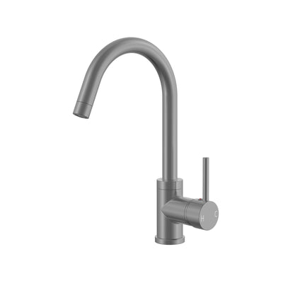 Modern brushed nickel gooseneck kitchen faucet with single handle lever and swivel spout.