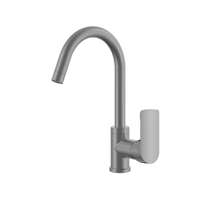 Matte grey high-arc gooseneck kitchen faucet with single lever handle, isolated on white background.