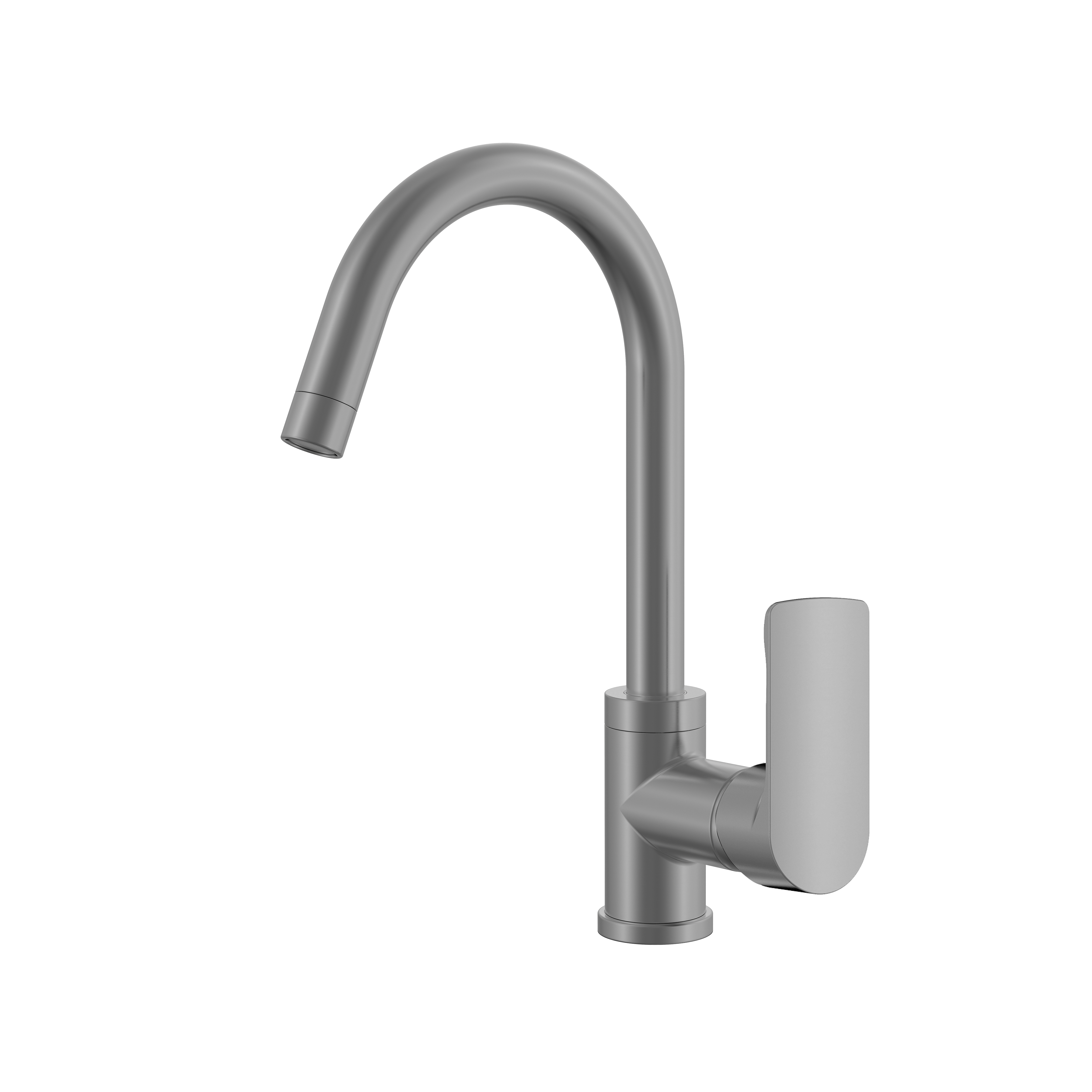 Matte grey high-arc gooseneck kitchen faucet with single lever handle, isolated on white background.
