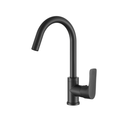 Modern matte black single-handle kitchen faucet with a high-arc gooseneck spout.