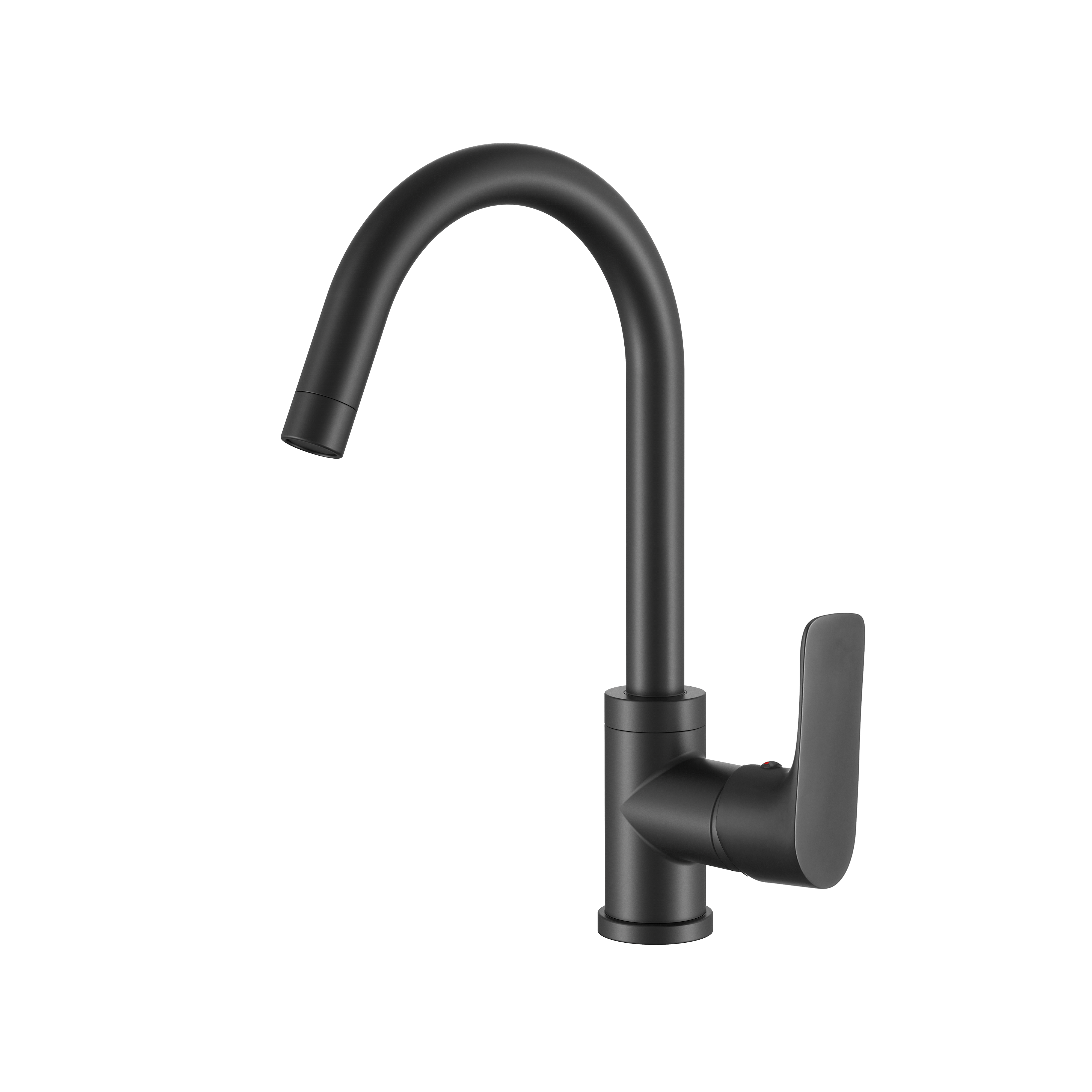 Modern matte black single-handle kitchen faucet with a high-arc gooseneck spout.