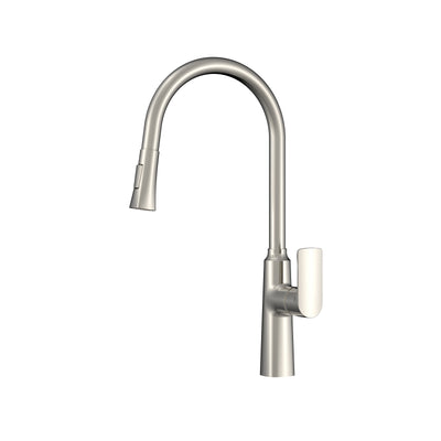 Modern brushed nickel gooseneck kitchen faucet with pull-down sprayer and single lever handle.