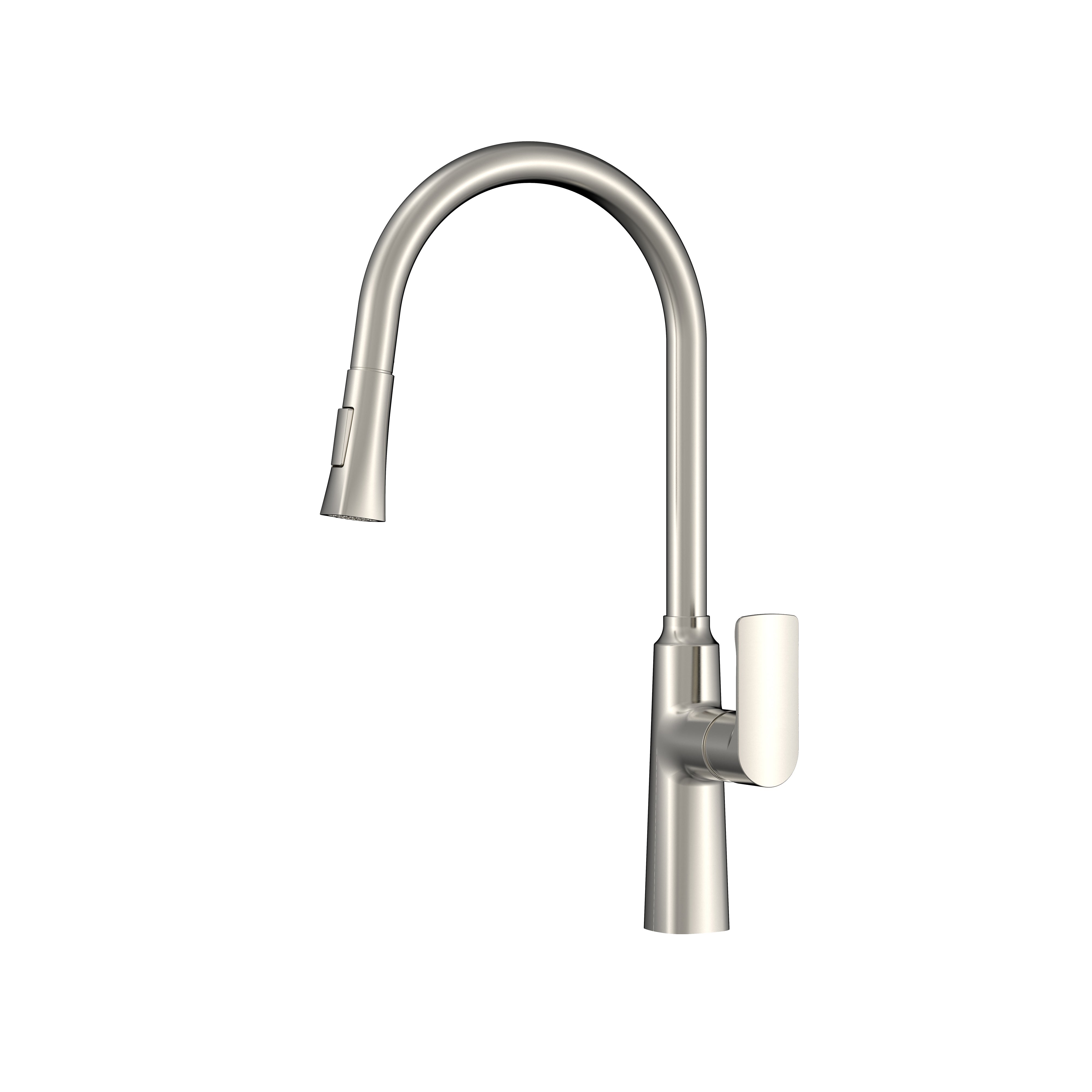 Modern brushed nickel gooseneck kitchen faucet with pull-down sprayer and single lever handle.