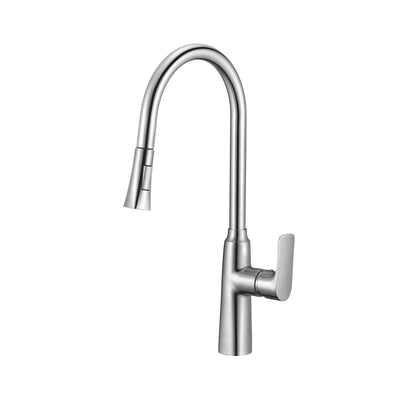 Polished chrome pull-down kitchen faucet with high-arc gooseneck spout and single lever handle.