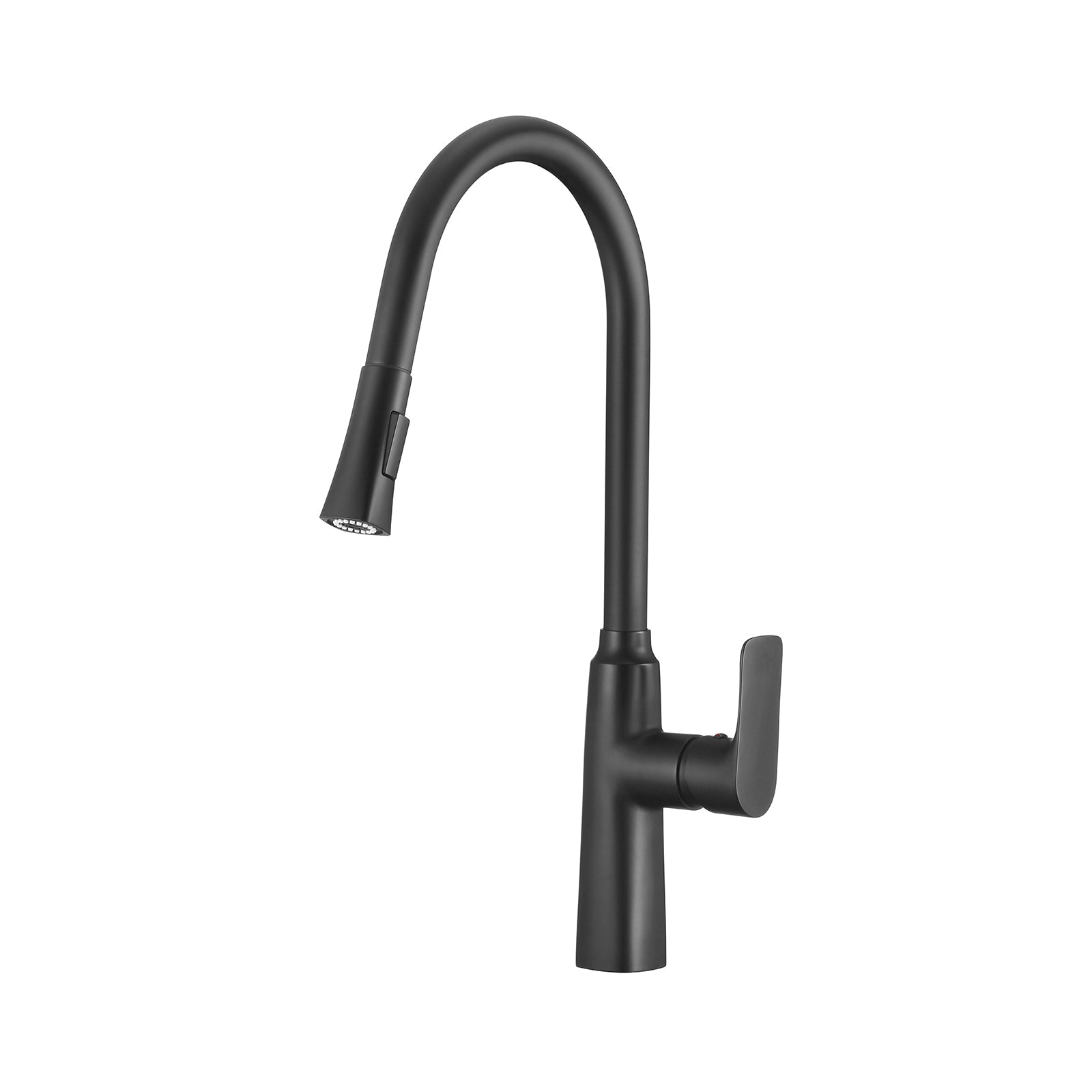 Modern matte black pull-down kitchen faucet with high-arc gooseneck and single handle.