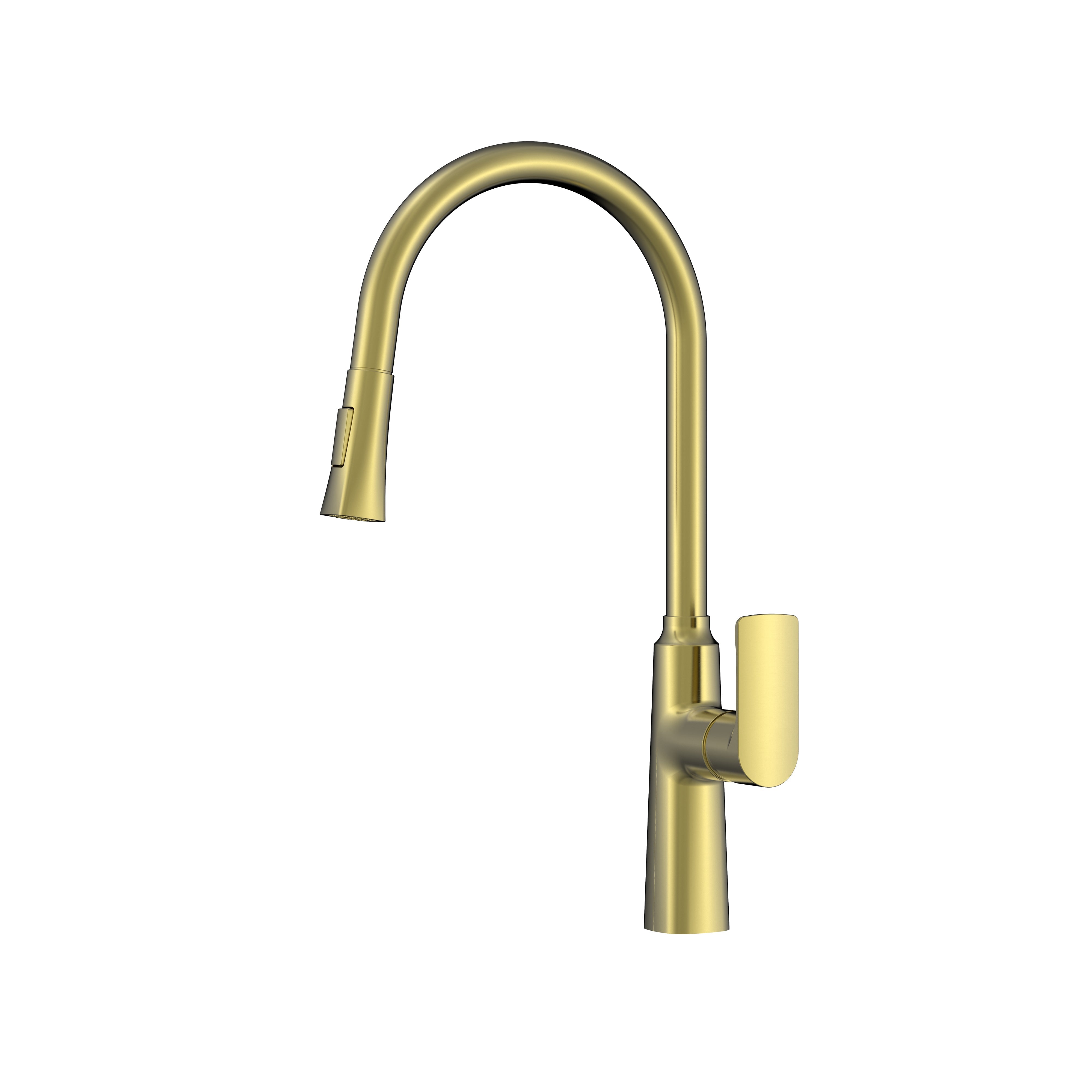 Modern brushed gold kitchen faucet featuring a high-arc gooseneck spout and pull-down sprayer head.