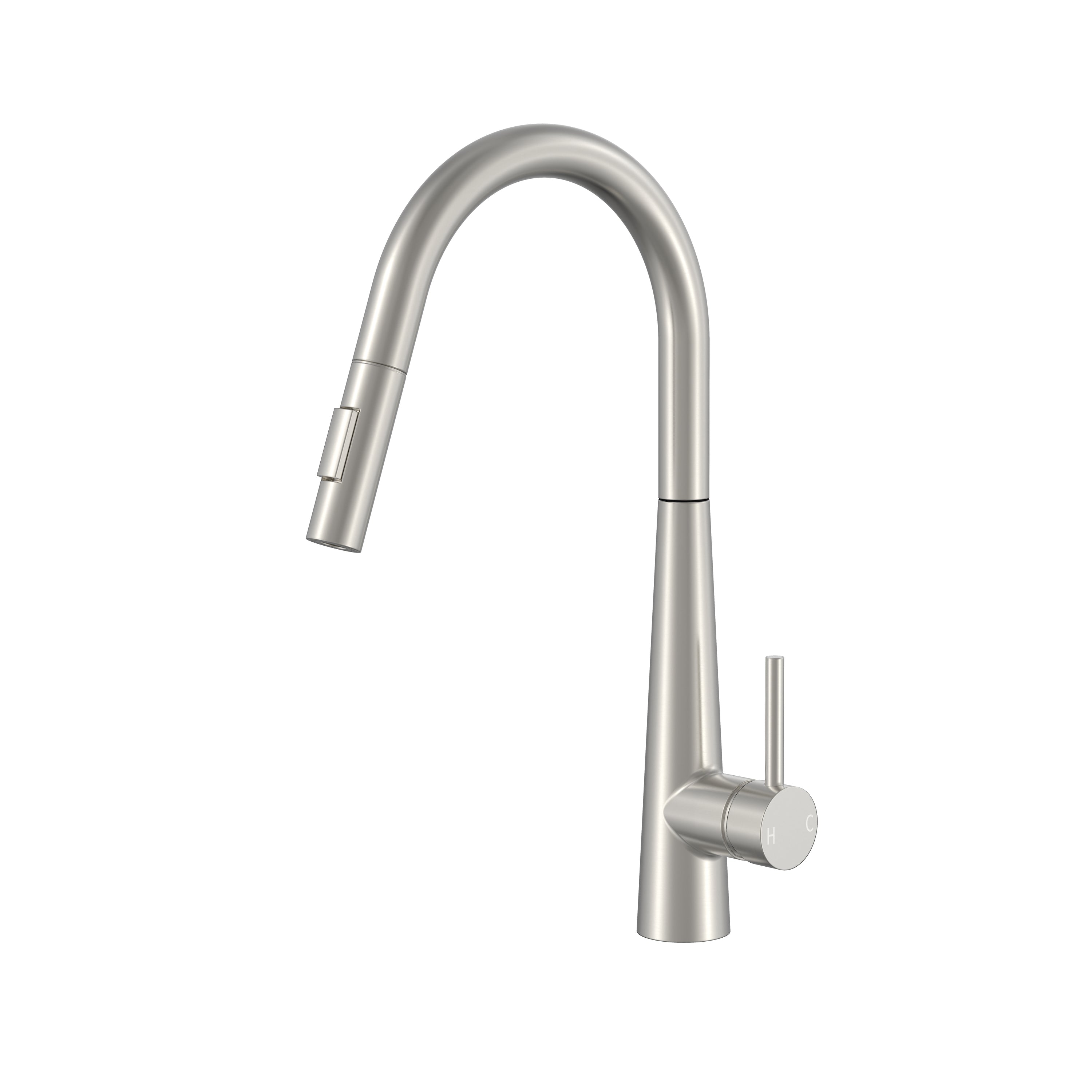 Brushed nickel high-arc pull-down kitchen faucet with single lever handle and dual-function spray head.
