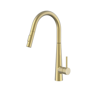 Brushed gold pull-down kitchen faucet with high-arc gooseneck spout and single lever handle.