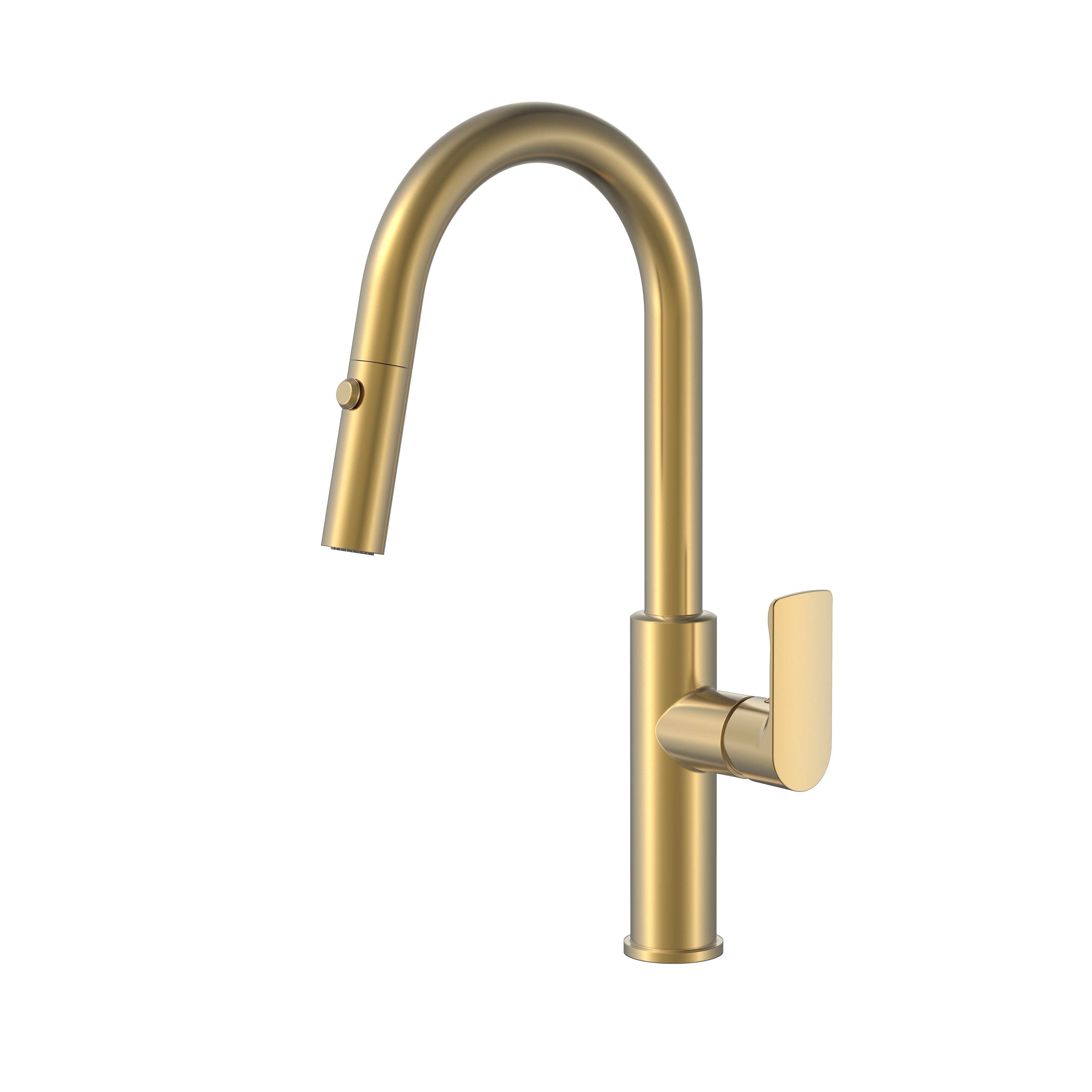 Modern brushed gold kitchen faucet with single handle, high-arc gooseneck spout, and pull-down sprayer.
