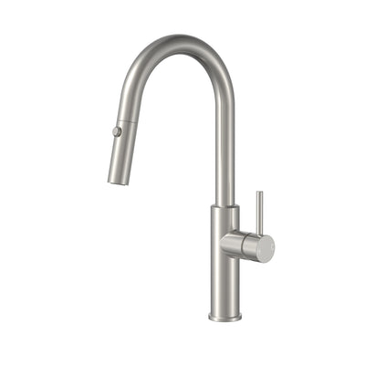 Brushed nickel single-handle kitchen faucet with pull-down sprayer and high-arc gooseneck spout.