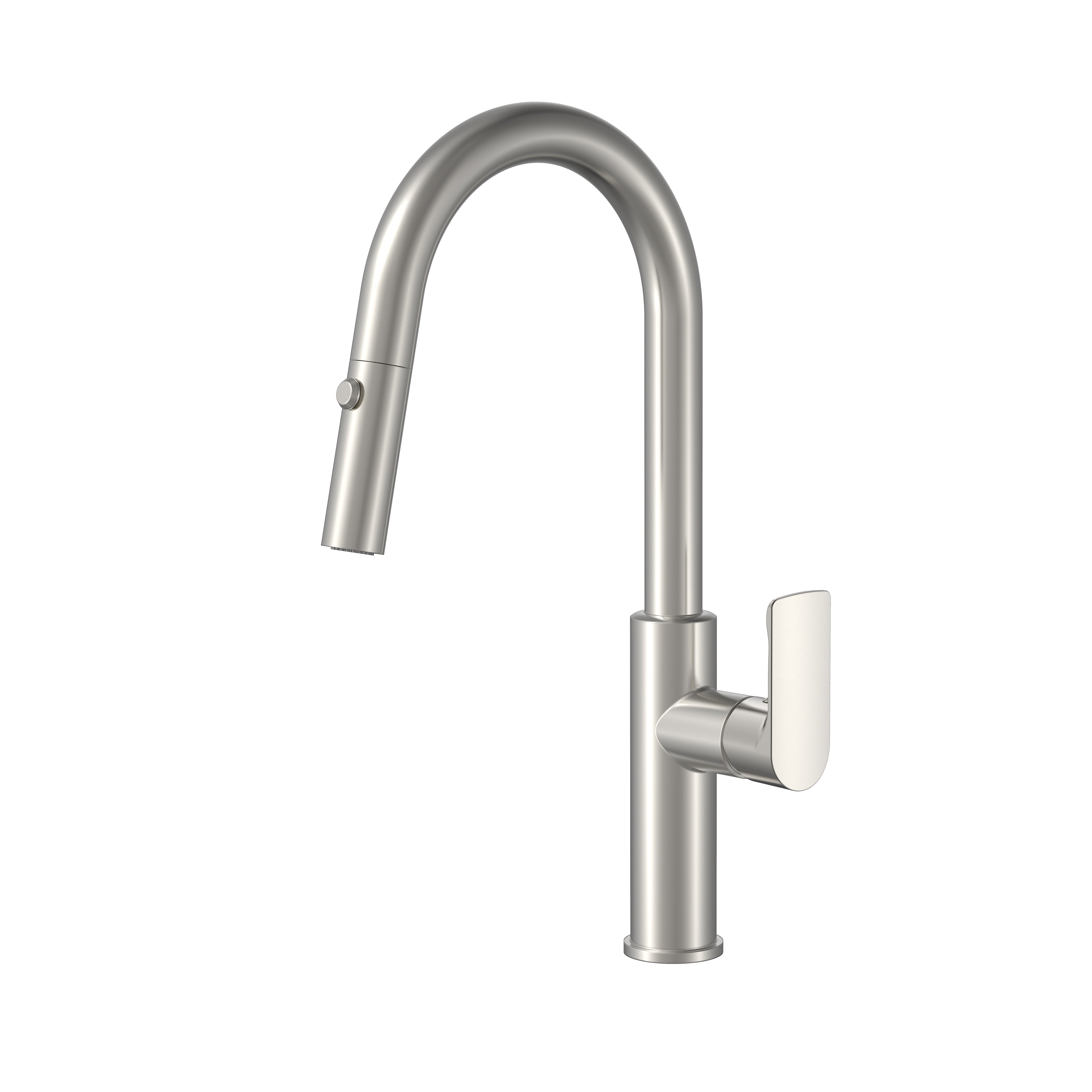 Brushed nickel gooseneck kitchen faucet with pull-down sprayer and single handle, modern high-arc design.