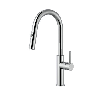 Modern polished chrome pull-down kitchen faucet with high-arc gooseneck spout and single lever handle.