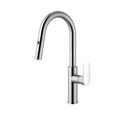 Modern polished chrome kitchen faucet with high-arc gooseneck spout and pull-down sprayer.
