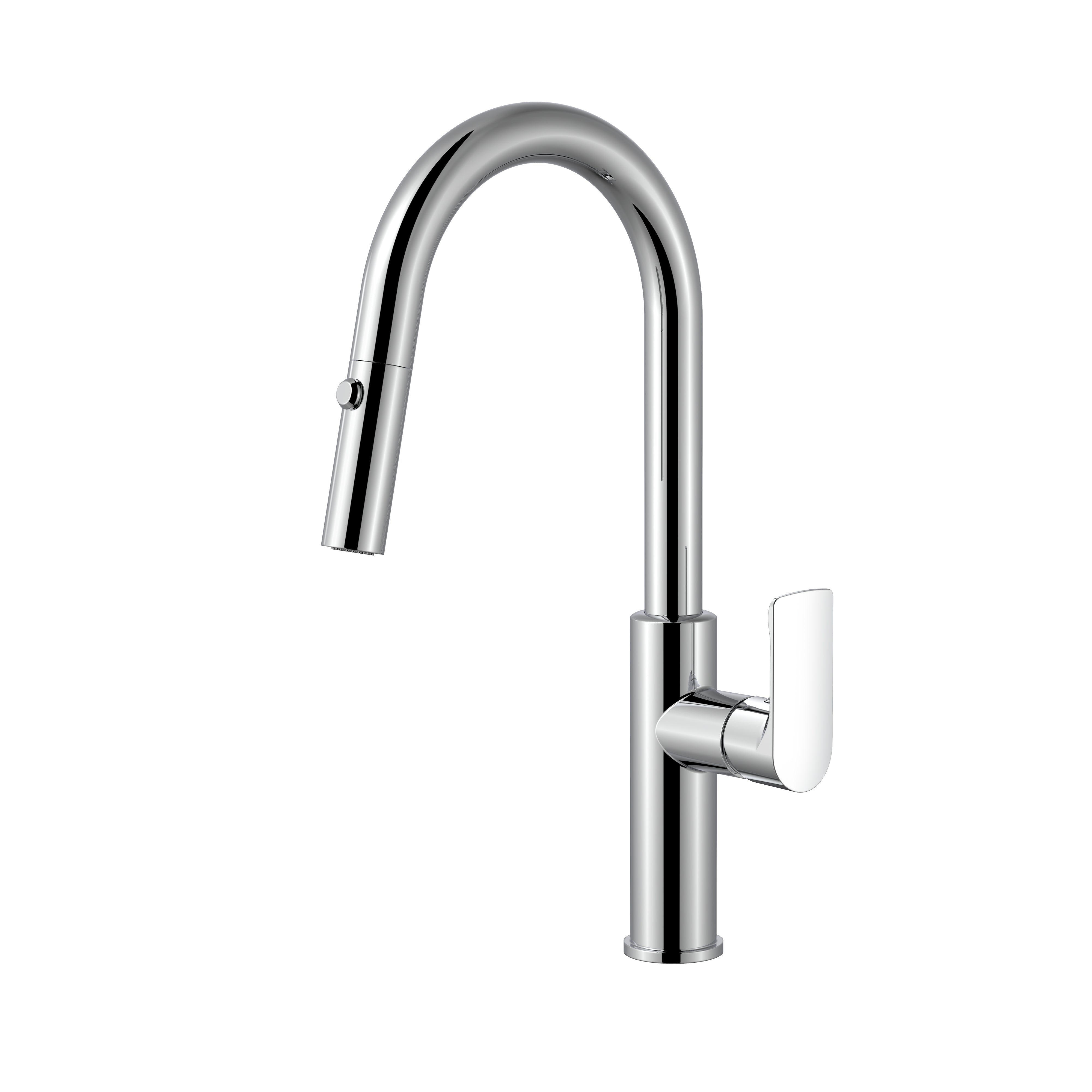Modern polished chrome kitchen faucet with high-arc gooseneck spout and pull-down sprayer.