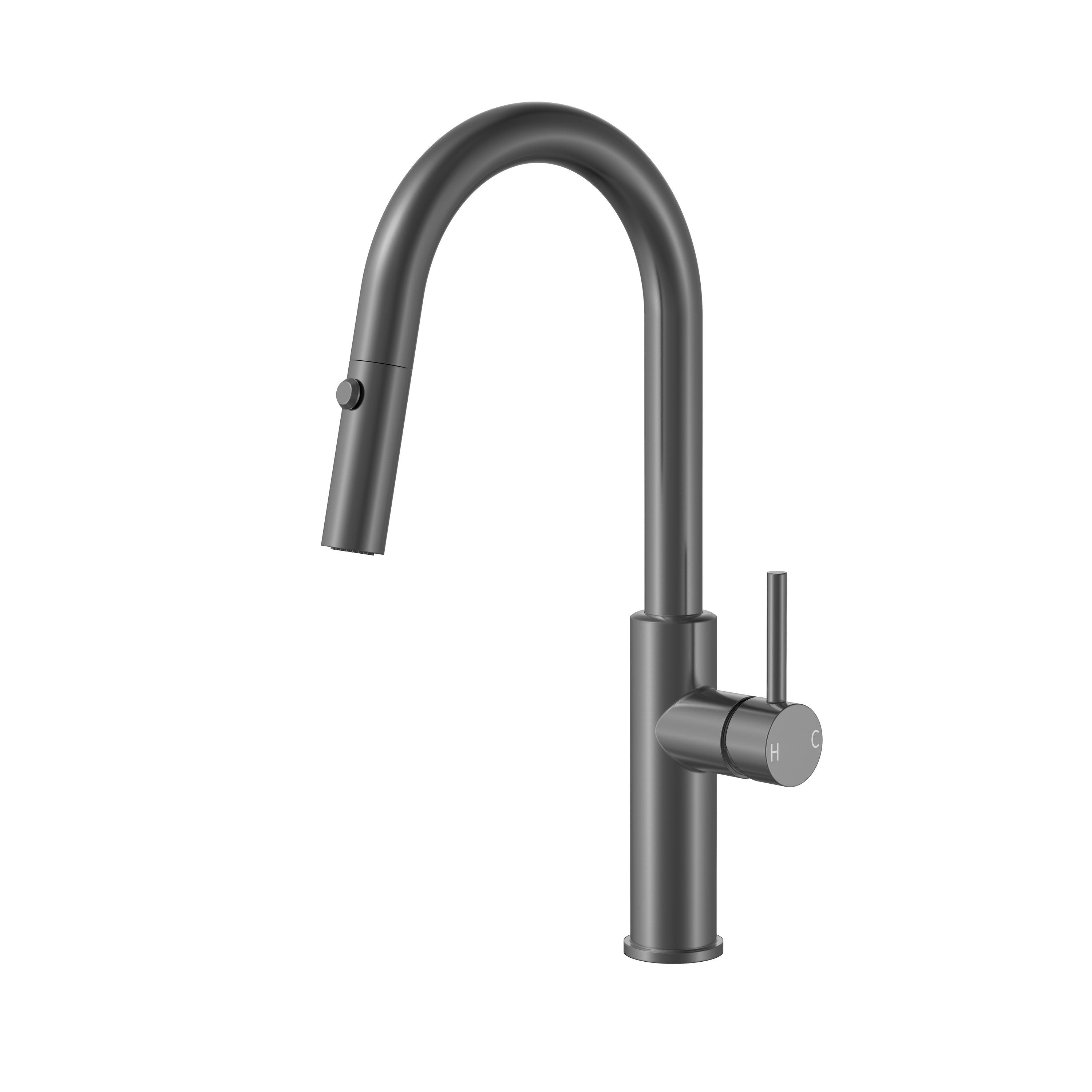Modern matte black pull-down kitchen faucet with gooseneck swivel spout and single-handle control.