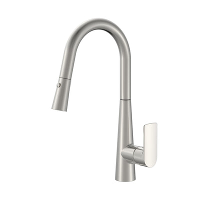 Brushed nickel pull-down kitchen faucet with high-arc gooseneck design and single-handle control.
