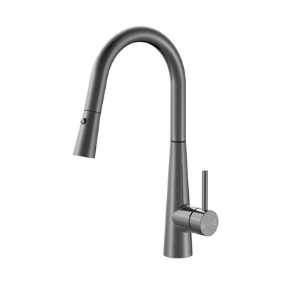 Brushed gunmetal high-arc kitchen faucet with pull-down sprayer and single-handle lever.