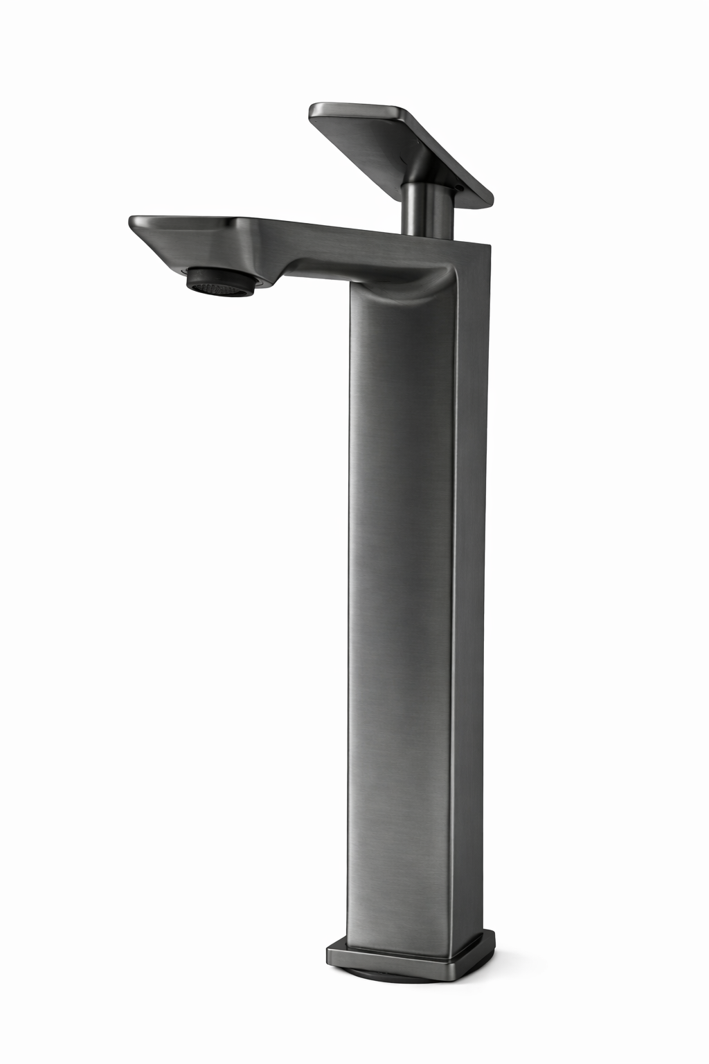 Modern tall gunmetal bathroom faucet with single handle for vessel sinks