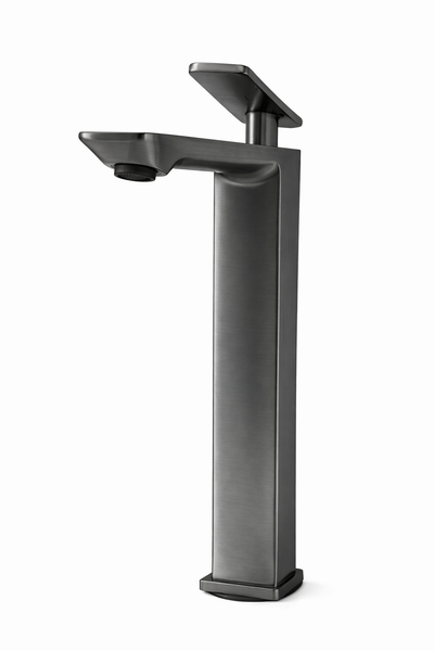 Modern tall gunmetal bathroom faucet with single handle for vessel sinks
