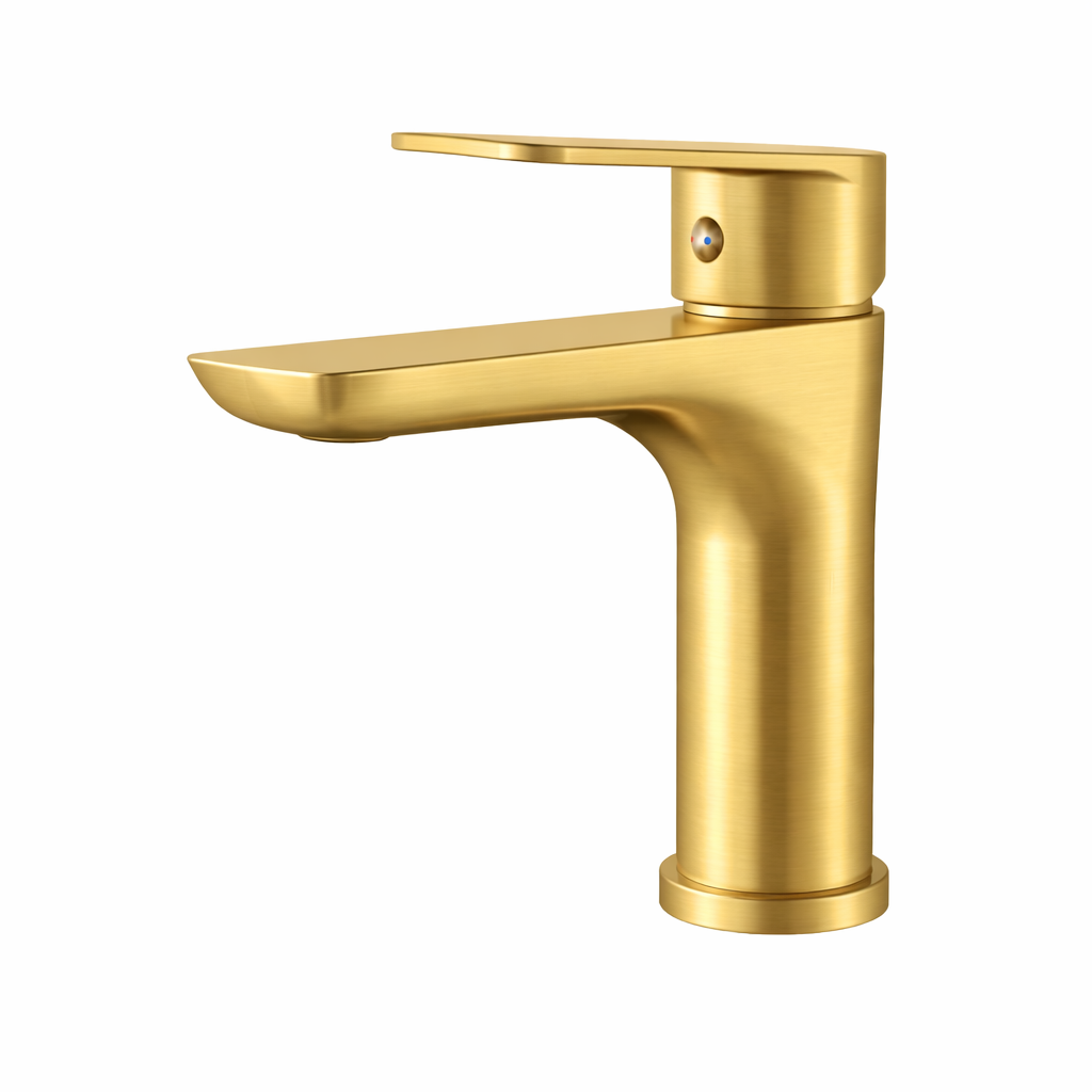 Sleek brushed gold single-handle bathroom faucet with a modern flat spout design.