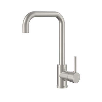 Modern brushed nickel single-handle kitchen faucet with a high-arch gooseneck spout.