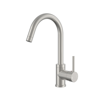 Modern brushed nickel gooseneck kitchen faucet with a single handle and high-arc swivel spout.