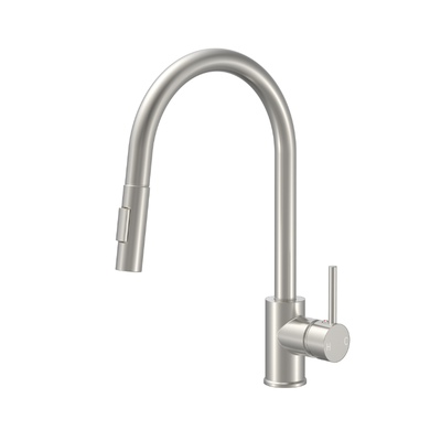 Brushed nickel high-arc gooseneck kitchen faucet with pull-down sprayer and single-handle lever.