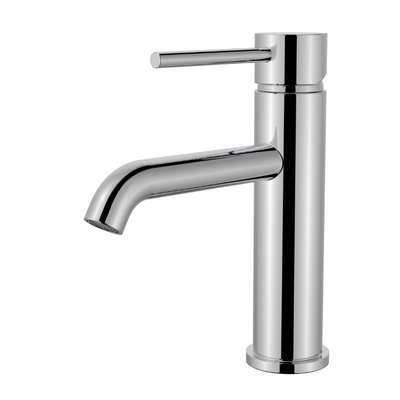 Modern polished chrome single-handle bathroom sink faucet with cylindrical body and lever handle on white background.