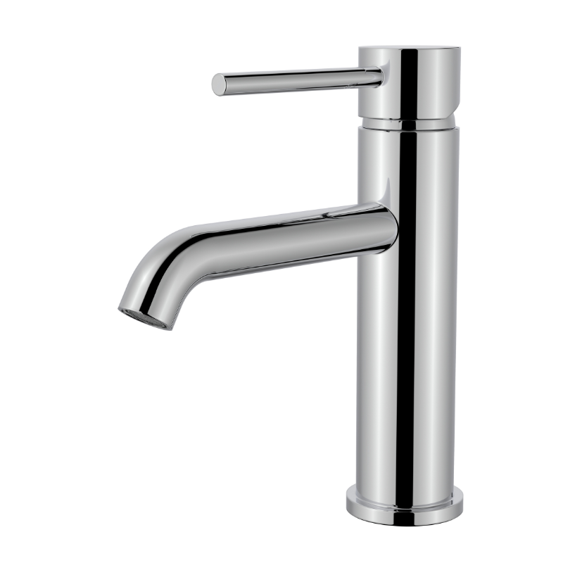 Modern polished chrome single-handle bathroom sink faucet with cylindrical body and lever handle on white background.