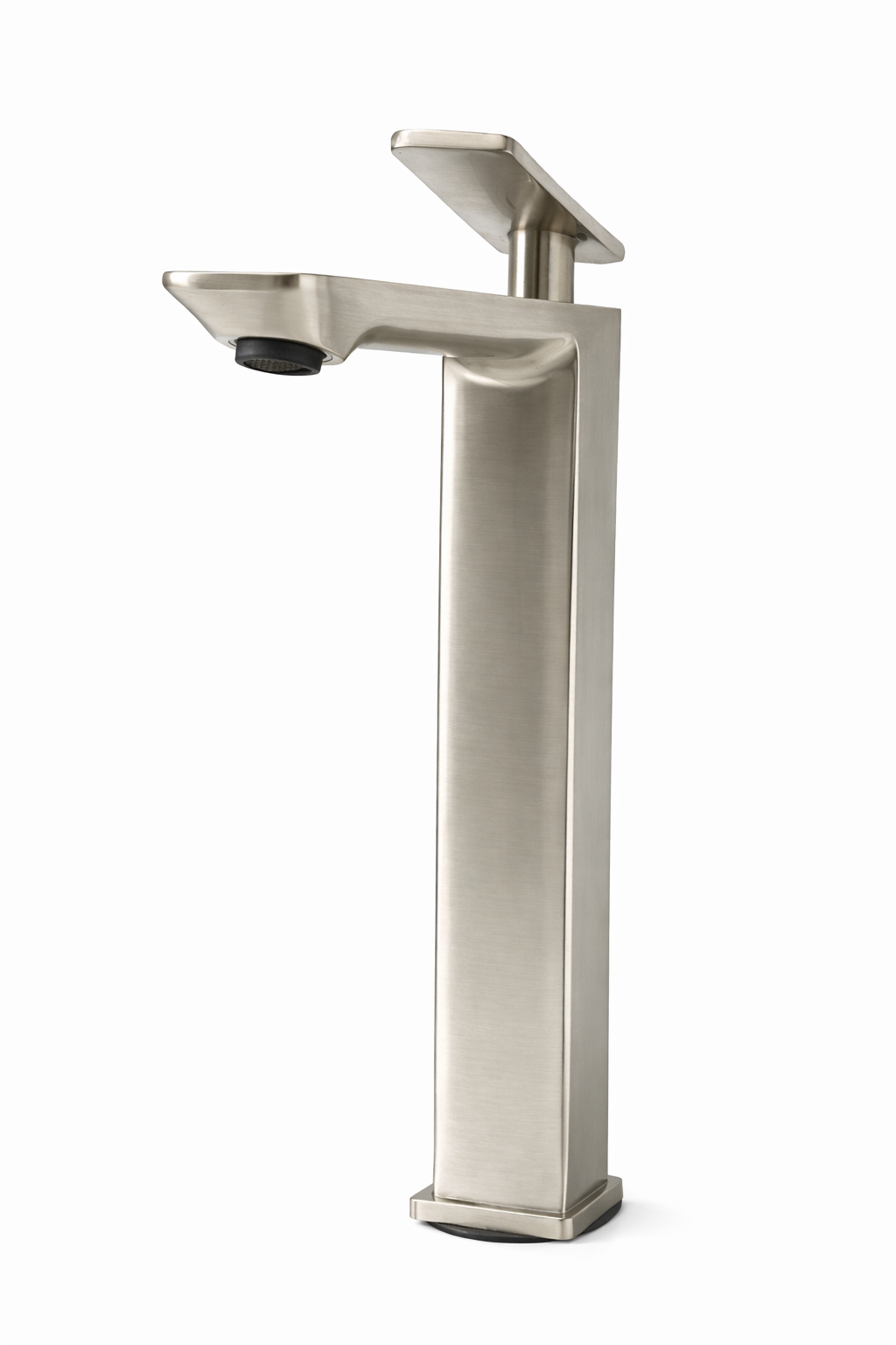 Modern brushed nickel single-handle tall vessel sink faucet for bathroom vanity.