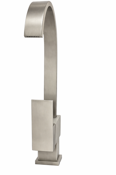 Modern brushed nickel single-handle faucet with a high-arc spout and rectangular contemporary design.