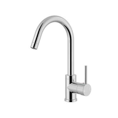 Modern polished chrome gooseneck kitchen faucet with a single side lever handle.