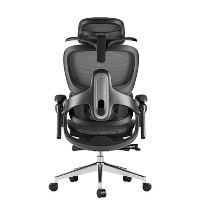 Black ergonomic office chair, mesh back & seat, adjustable lumbar support, chrome base with casters, rear view.
