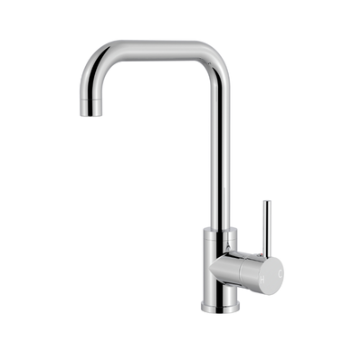 Modern polished chrome kitchen faucet with a high-neck swivel spout and single lever handle.