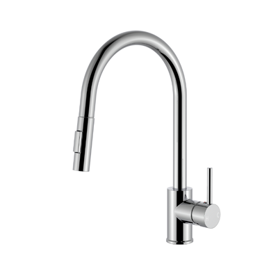 Modern chrome pull-down kitchen faucet with high-arc gooseneck and single lever handle.