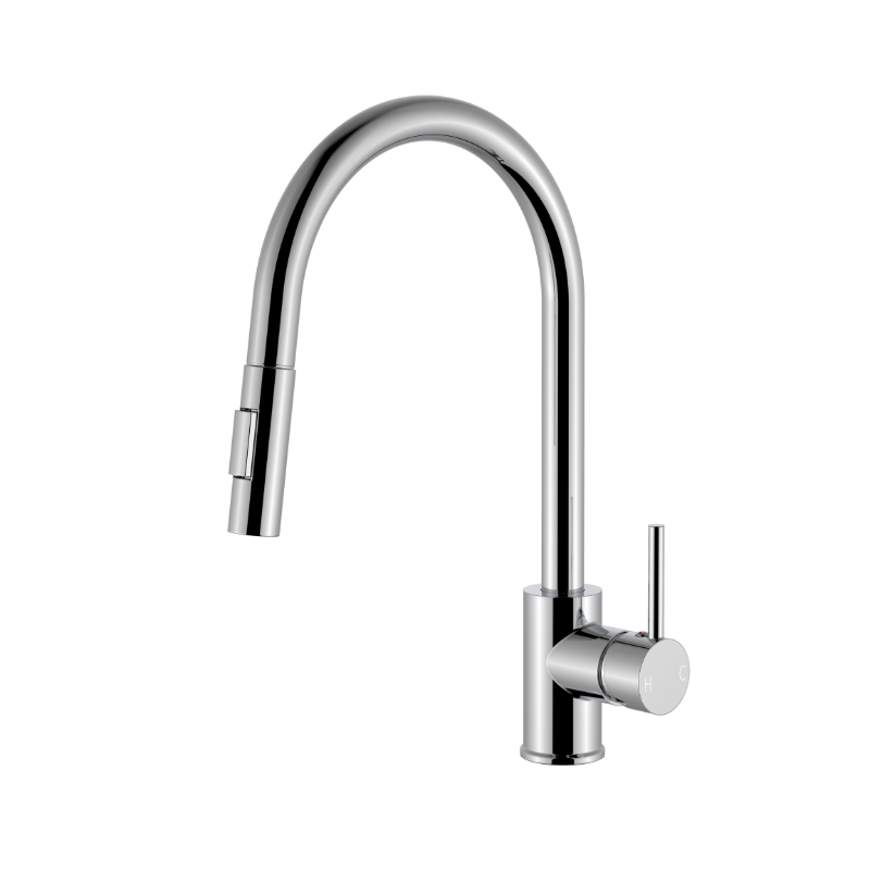 Modern chrome pull-down kitchen faucet with high-arc gooseneck and single lever handle.