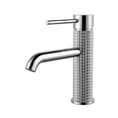 Modern polished chrome single-handle bathroom faucet with a textured diamond-pattern body.
