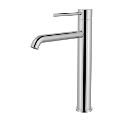 Modern polished chrome tall vessel bathroom sink faucet with single lever handle.