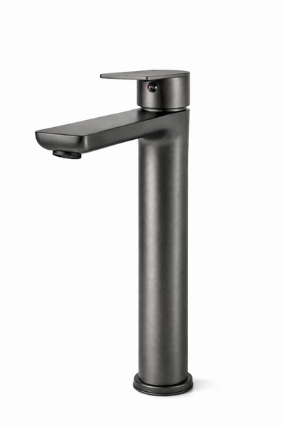 Modern tall brushed gunmetal bathroom faucet with single handle for vessel sinks.