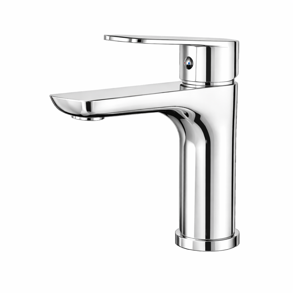 Modern polished chrome single-handle bathroom faucet with a sleek, minimalist design and flat spout.