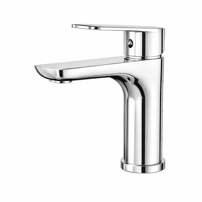 Modern polished chrome single-handle bathroom faucet with a sleek, minimalist design and flat spout.