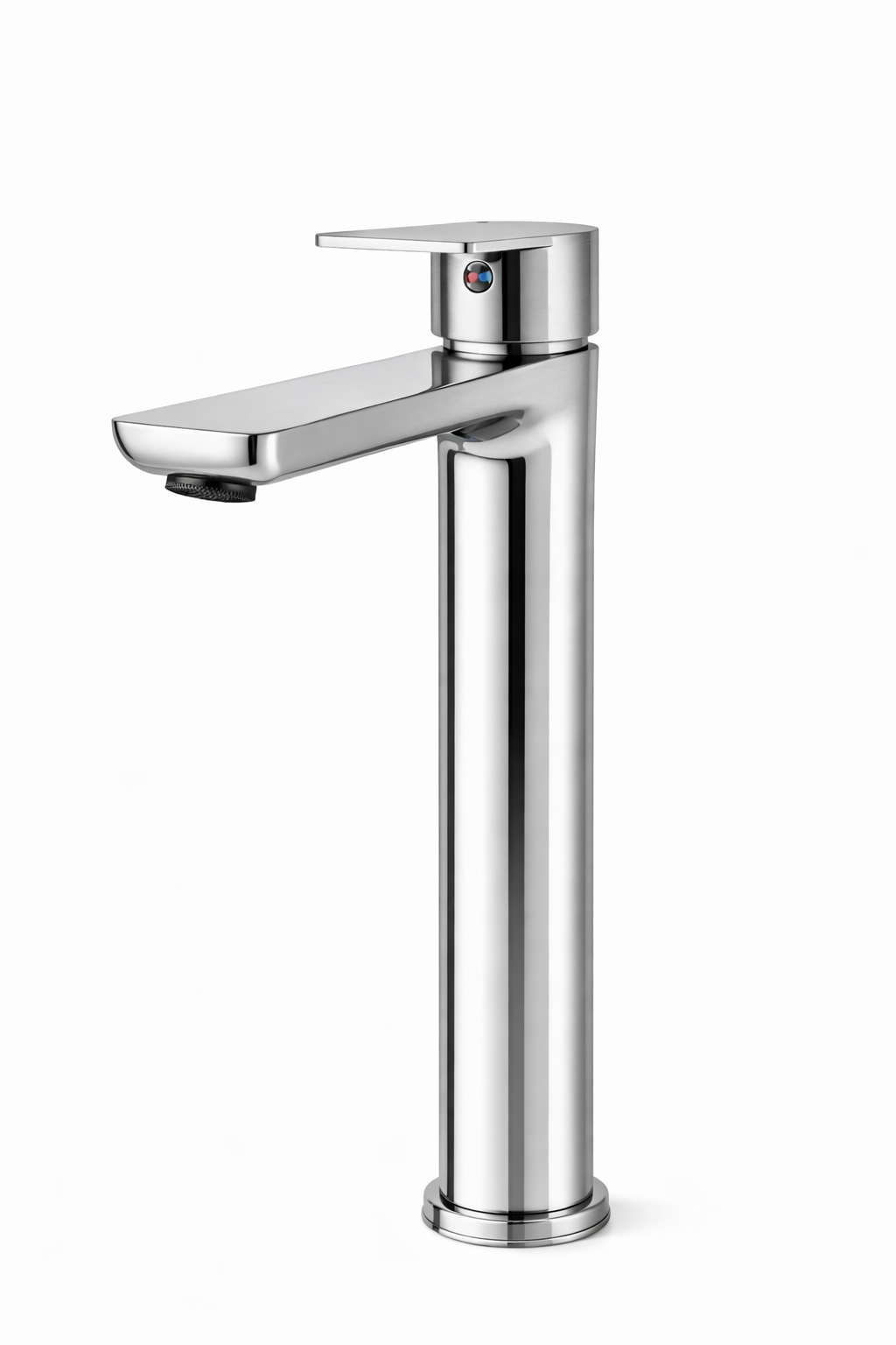 Modern polished chrome tall bathroom vessel sink faucet with single-handle lever and sleek design.