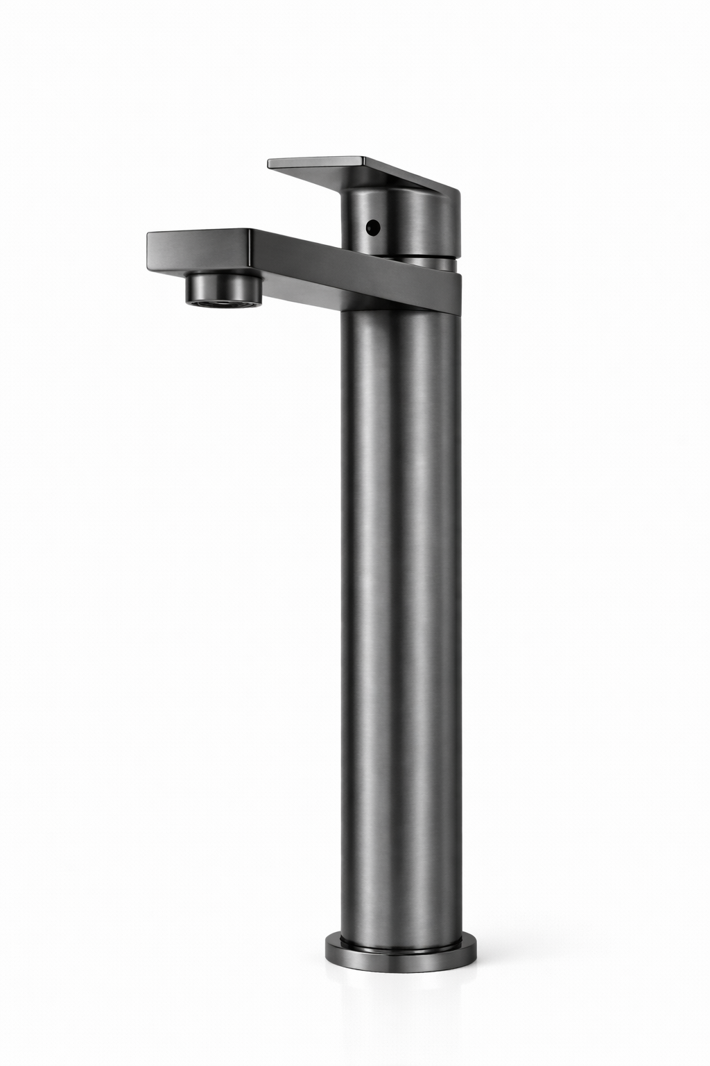 Sleek gunmetal single-handle tall bathroom vessel faucet with modern brushed finish.